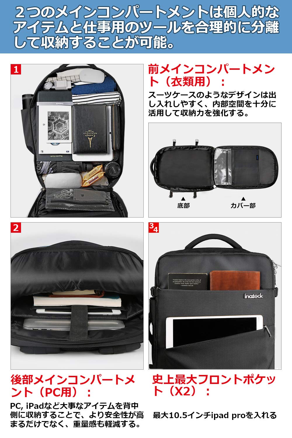 Inateck 40L Travel Backpack, Business Backpack, Large Capacity, 3-Way B- image 4