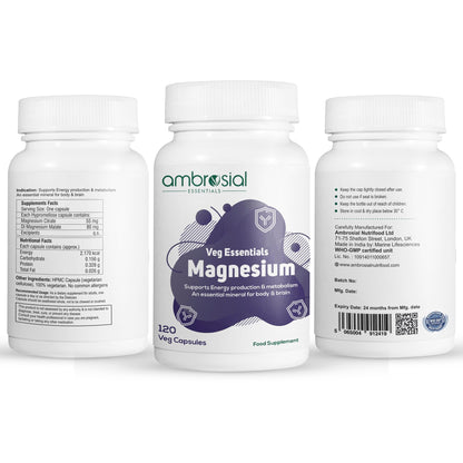 Ambrosial Magnesium Complex Food Supplement | Increases Muscle Functions | Reduces Tiredness | Boosts Energy Levels (Pack of 1-120 Capsules)