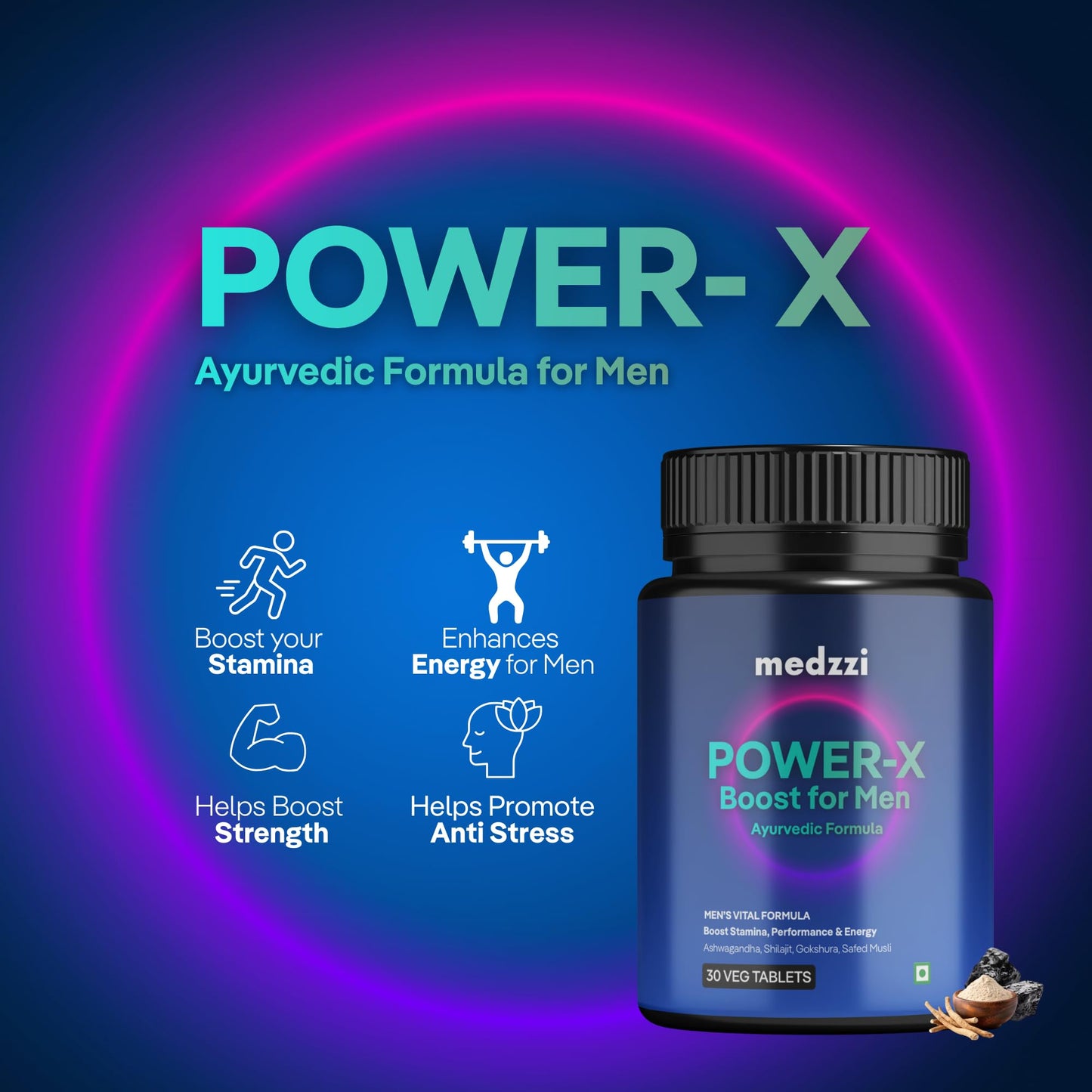 Medzzi Power-X Men’s Wellness Ayurvedic Veg Tablets | With Ashwagandha KSM-66, Shilajit, Gokshura & Kaunch Beej | Supports Stamina, Strength, Energy & Vitality | 30 Veg Tablets