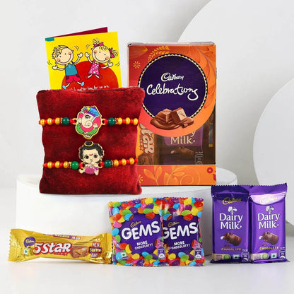 TIED RIBBONS Set of 2 Rakhi for Kids with Chocolates Gift Pack - Krishna and Ganesh Rakhi for Kids Boy with Celebrations Chocolates Greeting Card and Roli Chawal Tikka