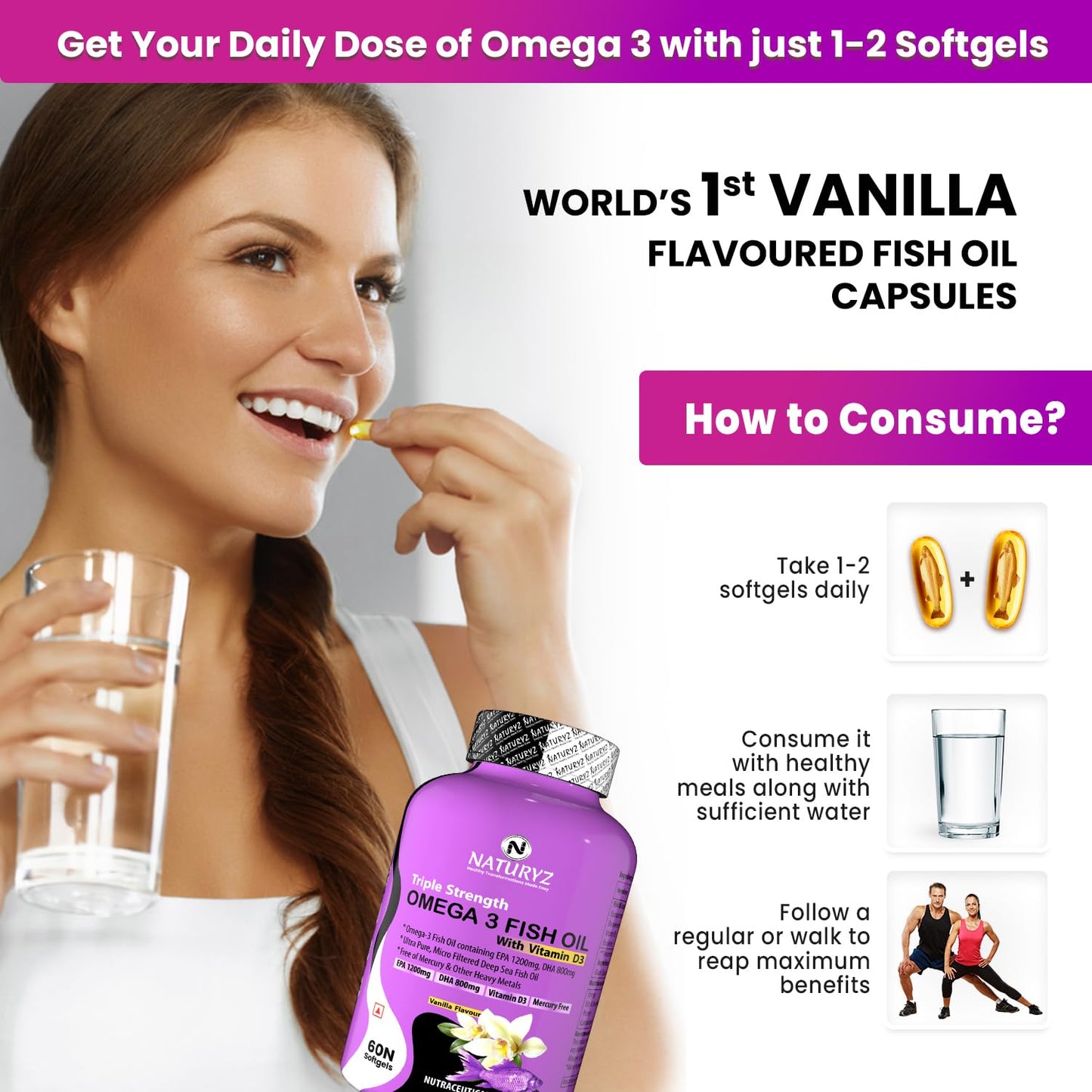Naturyz Vanilla Flavoured Triple Strength 2500mg Omega 3 Fish Oil with Vitamin D3|Highest Strength 2000 mg Omega 3 Per Serving (EPA 1200mg DHA 800mg) Deep Sea Fish Oil for Unisex-60 Capsules,100 grams