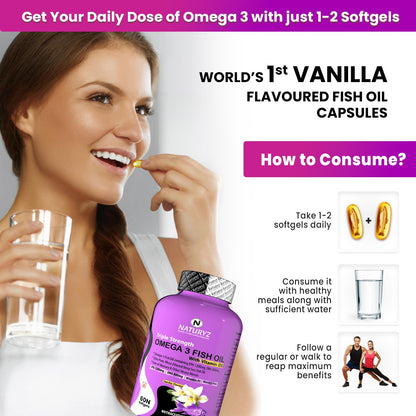 Naturyz Vanilla Flavoured Triple Strength 2500mg Omega 3 Fish Oil with Vitamin D3|Highest Strength 2000 mg Omega 3 Per Serving (EPA 1200mg DHA 800mg) Deep Sea Fish Oil for Unisex-60 Capsules,100 grams