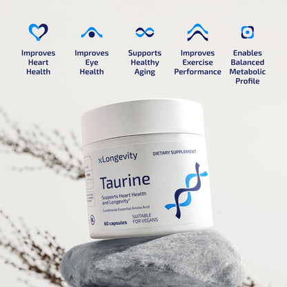xLongevity L Taurine 1000 mg Supplement - 60 Veg Capsules for Men & Women | Lab-Tested, Muscle Recovery Support, Energy, Brain, Heart, Eye Health & Immunity - 2 tablets per day (500 mg each)