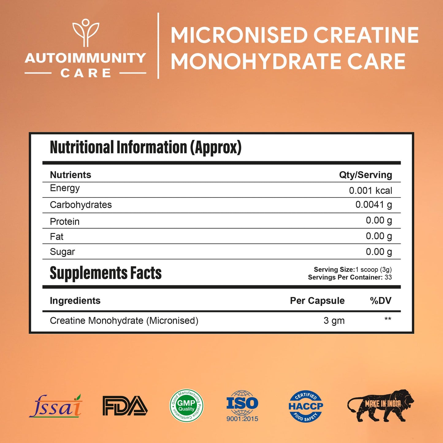 Autoimmunity Care: Micronised Creatine Monohydrate Care | 100% Pure Micronized | Peak Athletic Performance, Strength & Endurance | Enhanced Muscle Strength & Power | Brain & Cognitive Function | 100g Unflavored Powder