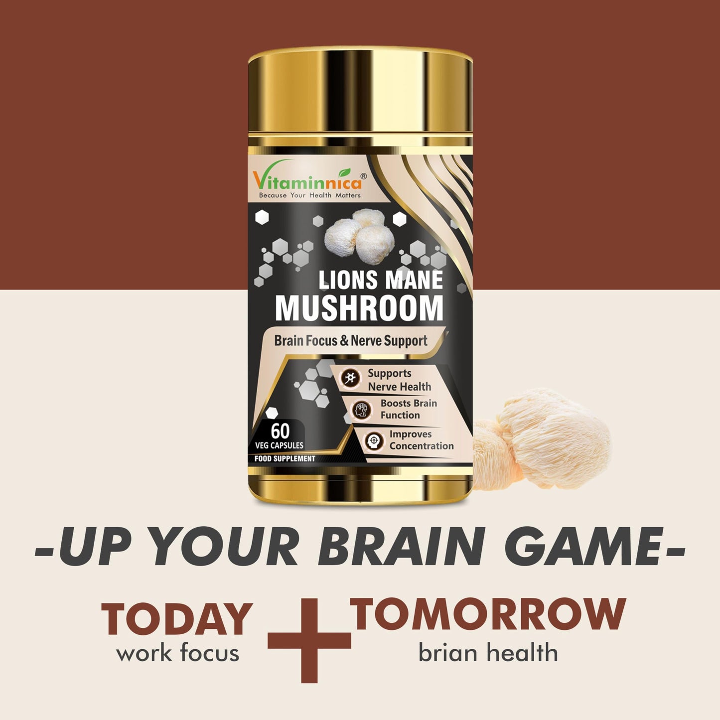 Vitaminnica Lion's Mane Mushroom 500mg- 60 Vegan Capsules | Nootropics for Brain Health & Focus