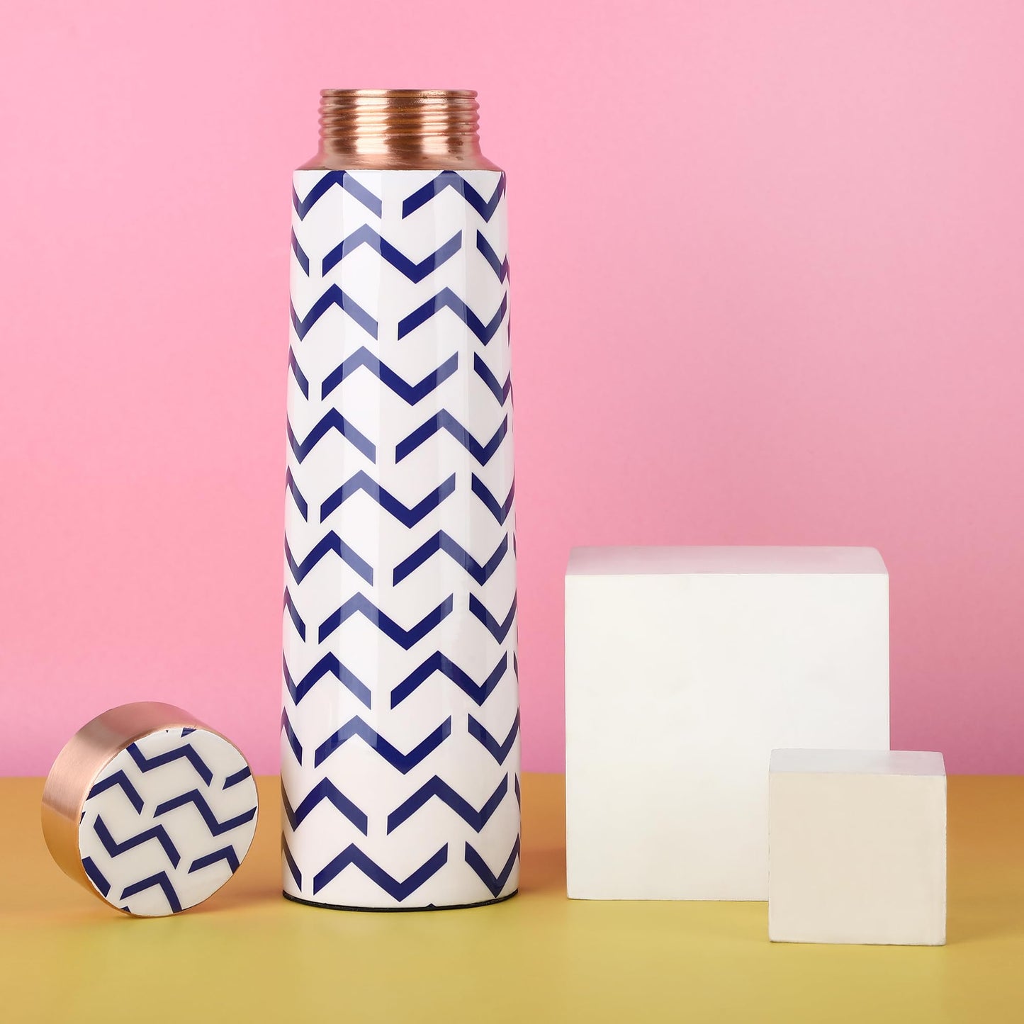 Yellow Trunk Co. Printed Copper Water Bottle - 1000ml | Blue and White Chevron | Modern Design | Leak Proof Design| Health Benefits