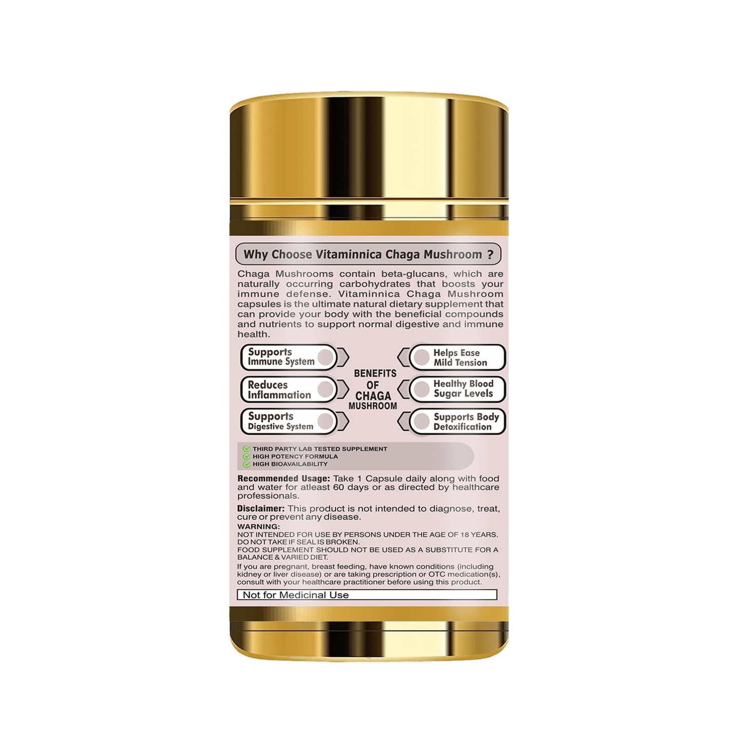 Vitaminnica Chaga Mushroom- 60 Capsules | Natural Antioxidant Support for Immune System
