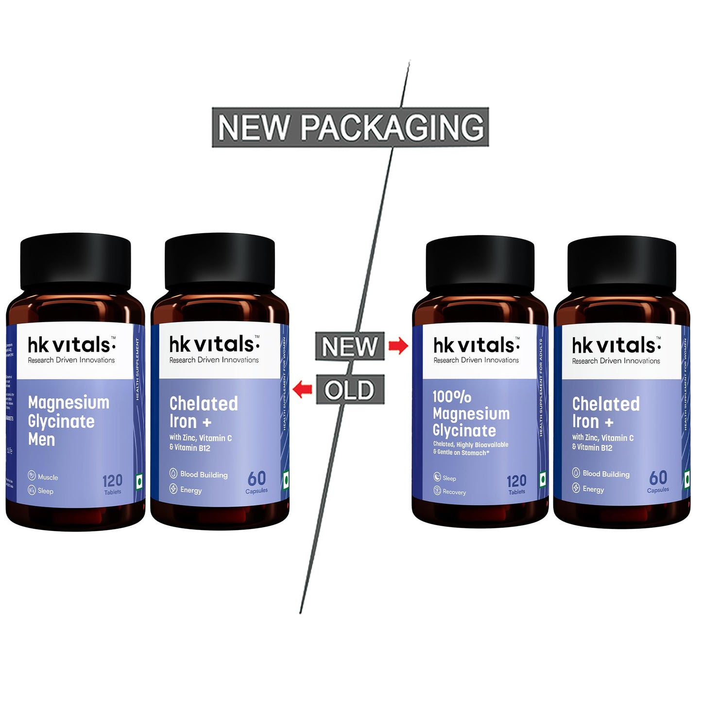hk vitals 100% Magnesium Glycinate (1880mg) 120 Tablets | For Better Sleep Quality & Muscle Recovery with Chelated Iron + Supplement (60 Capsules)