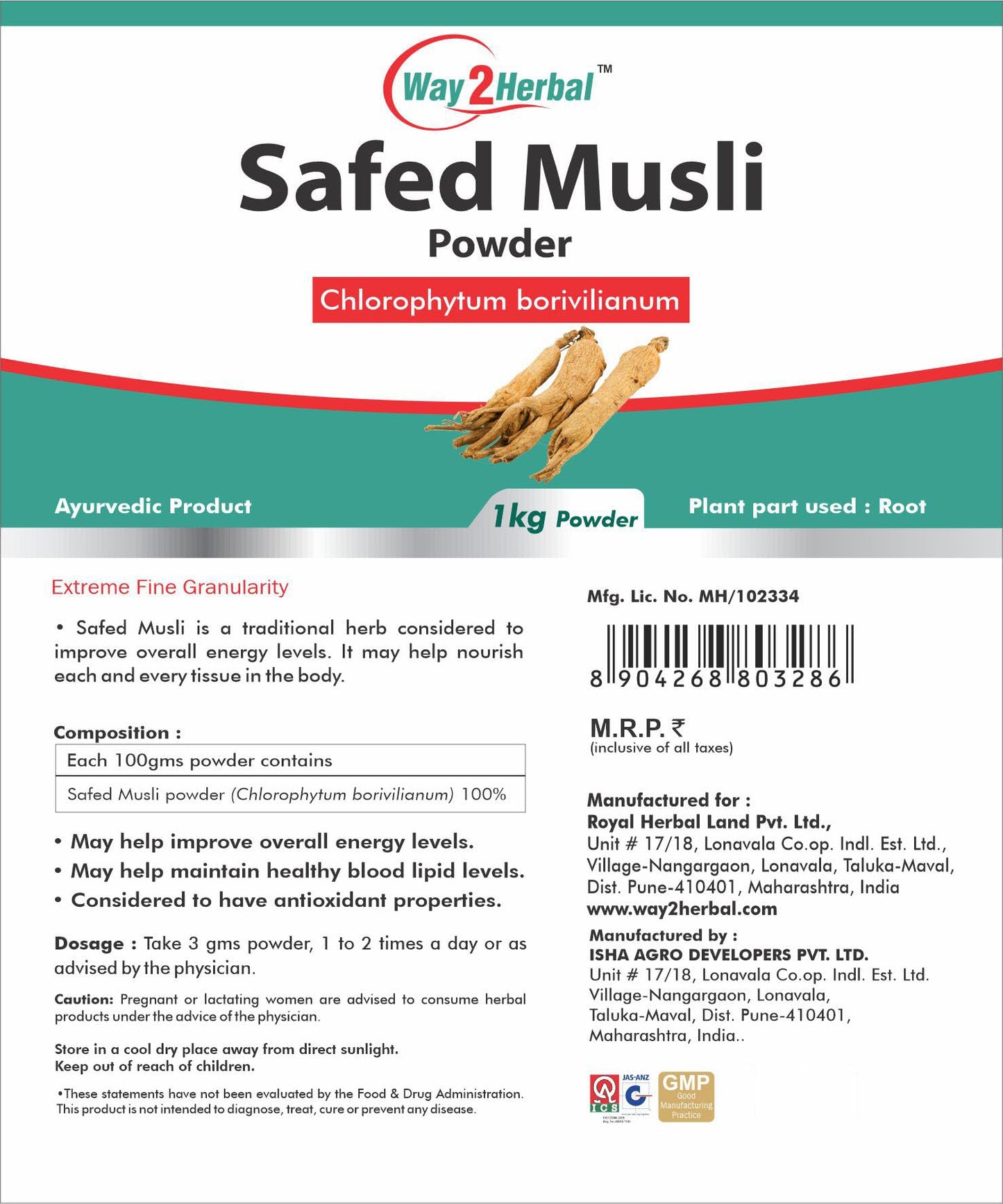 Way2Herbal Safed Musli powder (1 Kg Pack of 1)