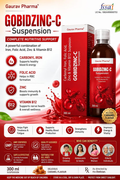 GOBIDZINC-C Suspension from Gaurav Pharma. Carbonyl Iron, Folic Acid, Zinc and Vitamin B12, 300 ml, for Whole Family