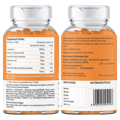 Herbalmax L-Glutathione 500mg Tablets with Vitamin C, Grape Seed Extract & Alpha Lipoic Acid – Dietary Supplement for Radiant Skin, Pigmentation & Dark Spot Support – 30 Veg Tablets
