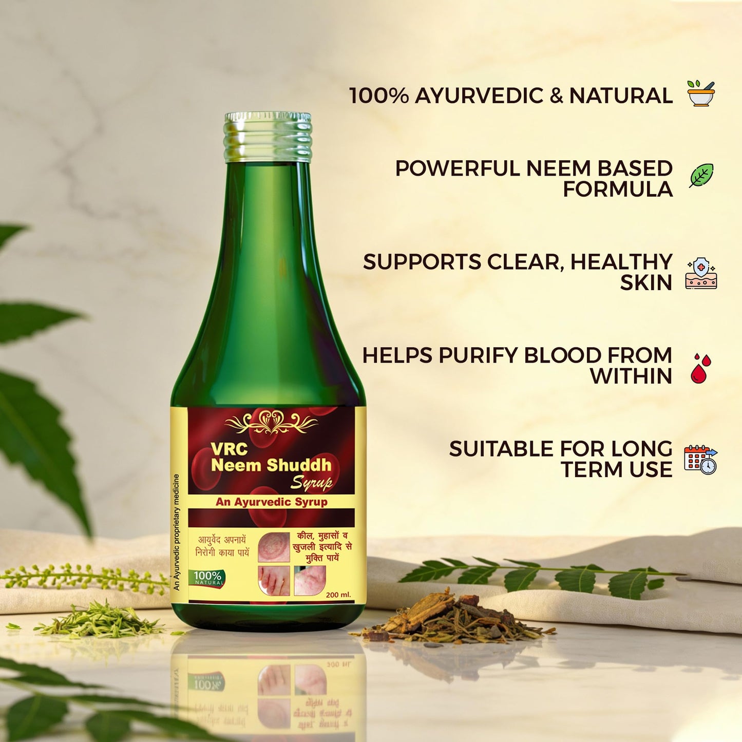 VRC Healthcare Neem Shuddh Syrup 200ml | Helps With Acne, Pimples, Itching Skin | Purifies Blood & Improves Circulation | Controls Body Heat, Immune & Daily Wellness Support | 100% Ayurvedic