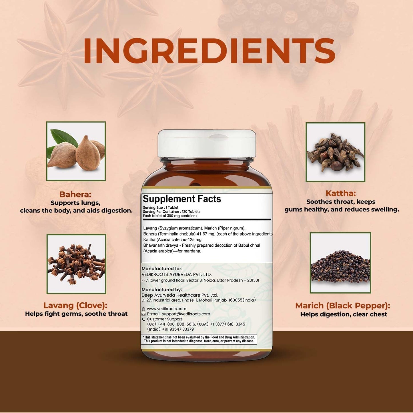 Vedikroots Lavangadi Vati - For Relieving Nasal Congestion | Ayurvedic Supplement For Respiratory Issues | Support Healthy Digestion 120 Tab (Pack-1)