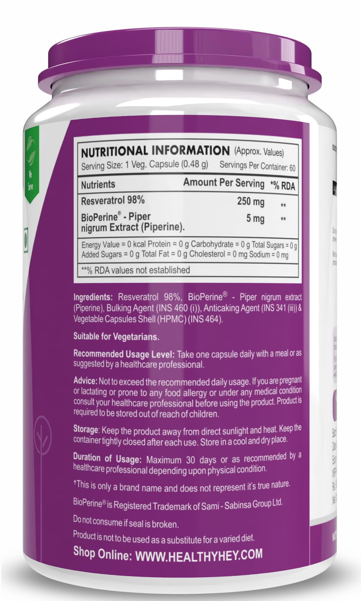 HealthyHey Nutrition Resveratrol Extract 98% Plus BioPerine for Absorpt- image 7