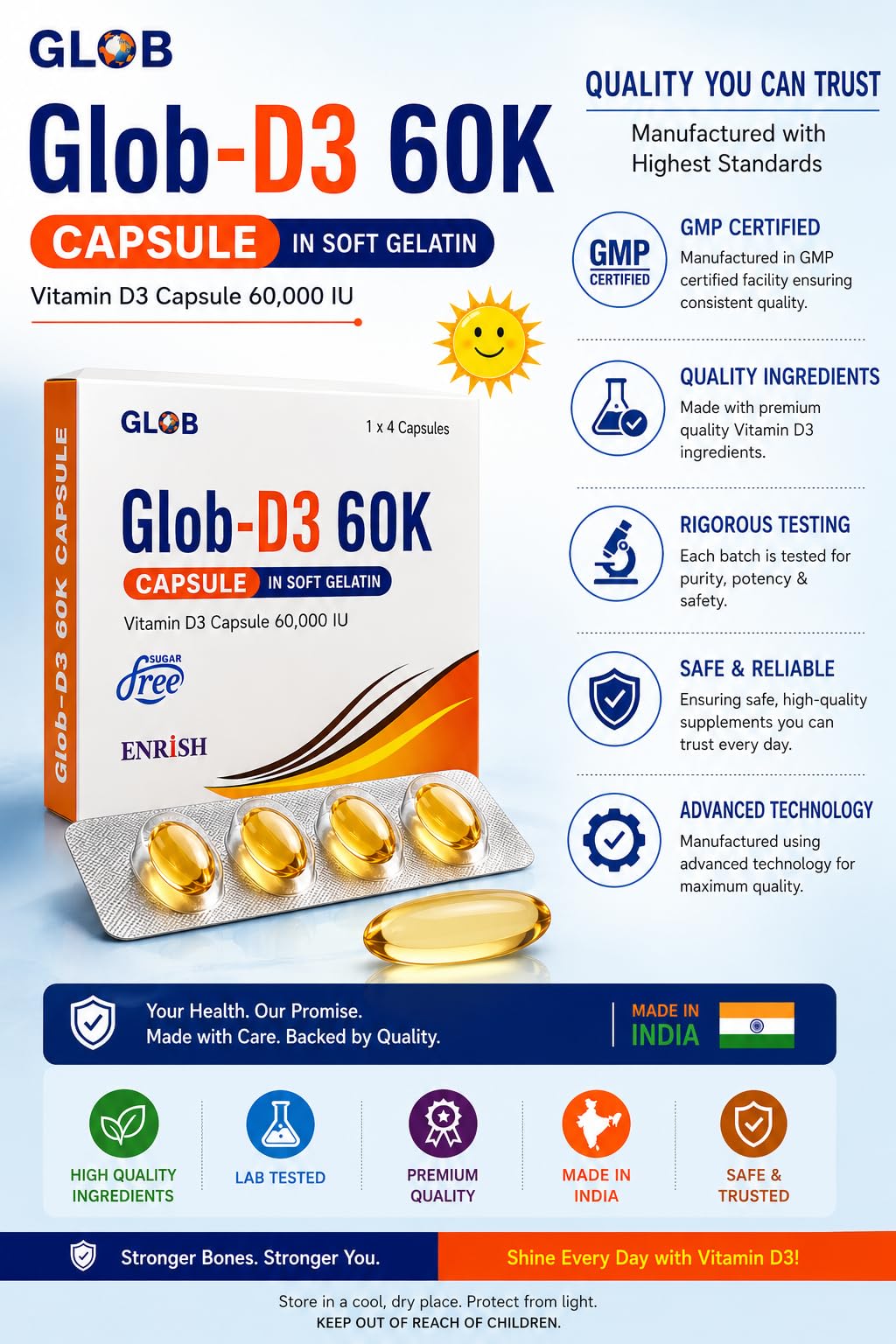 GLOB D3 60K Cholecalciferol Vitamin D3 60000 IU Softgel Capsules Once Weekly Use Pack of 5