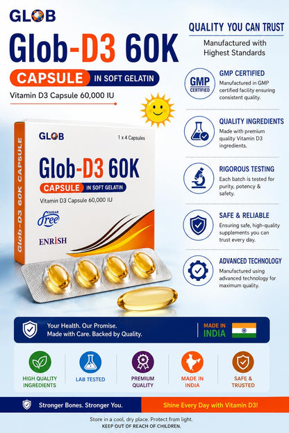 GLOB D3 60K Cholecalciferol Vitamin D3 60000 IU Softgel Capsules Once Weekly Use Pack of 5