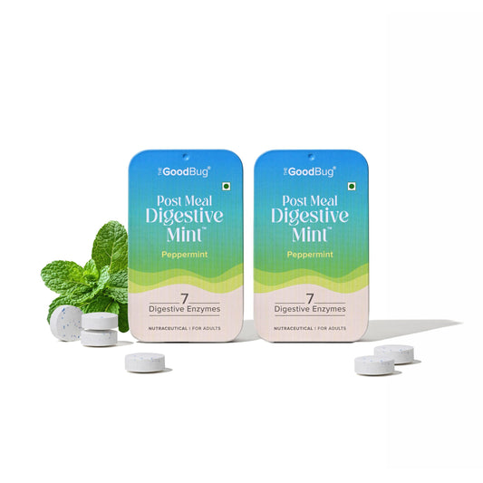 The Good Bug Post Meal Digestive Mints – Peppermint | Post Meal Digestion Booster | 7 Digestive Enzymes | Helps Reduce Post-Meal Heaviness, Bloating, Acidity & Discomfort | No Added Sugar | 28 Mints (14 x 2 Packs) (Pack Of 2, Peppermint)