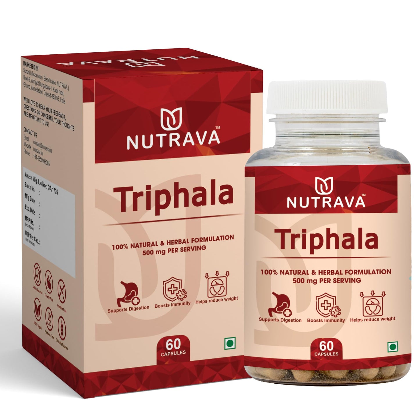 Nutrava Triphala Capsules 500mg | Ayurvedic Digestive Cleanse & Detox Supplement for Gut Health, Digestion & Immunity | Herbal Supplement for Men & Women | 60 Veg Capsules