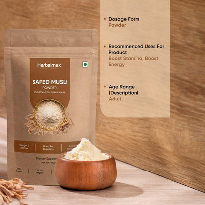 Herbal max Organic Safed Musli Root Powder | Ayurvedic Support for Vitality & Performance | Herbal Supplement | Strength & Stamina - 100 gm (Pack Of 2)