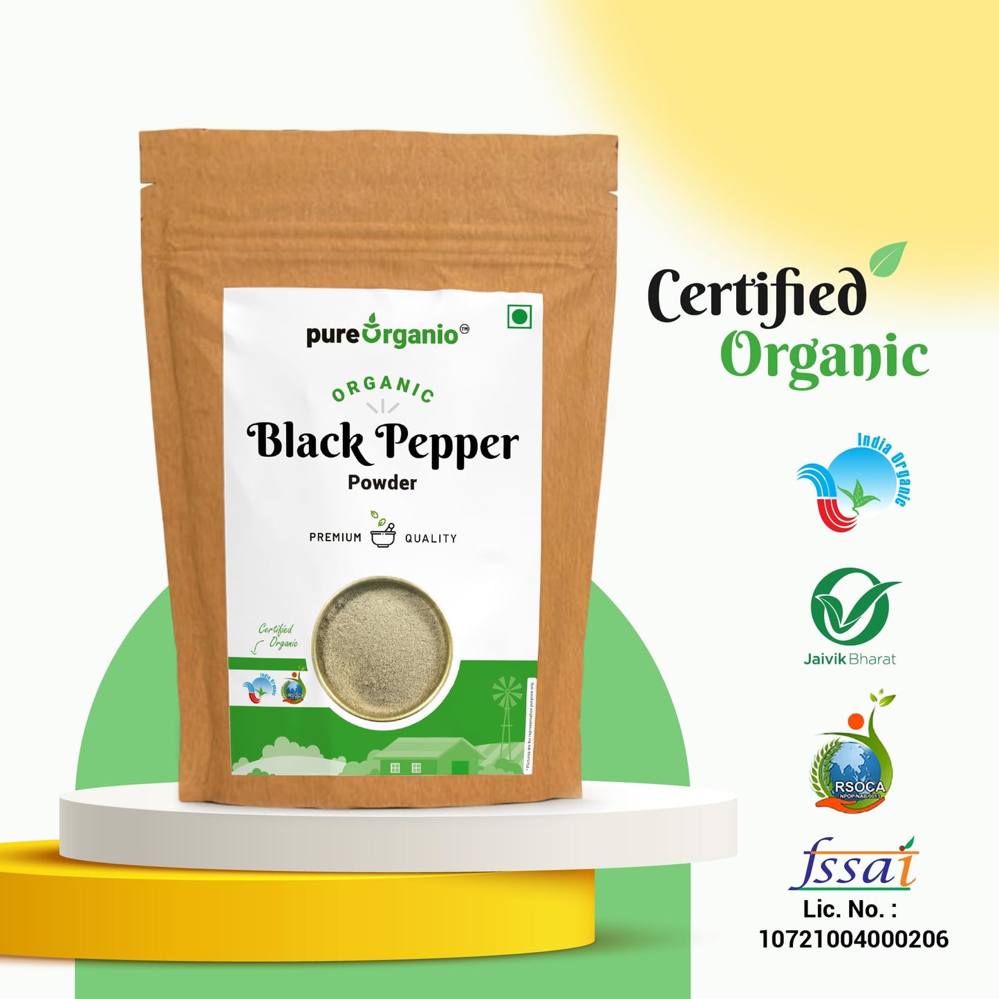 Pure Organio Organic Black Pepper Powder Kali Mirch Powder for Cooking, Salad Dressing, Vegetables - Fresh Ground Organic Spice NPOP Organic Certified (100 Gm)