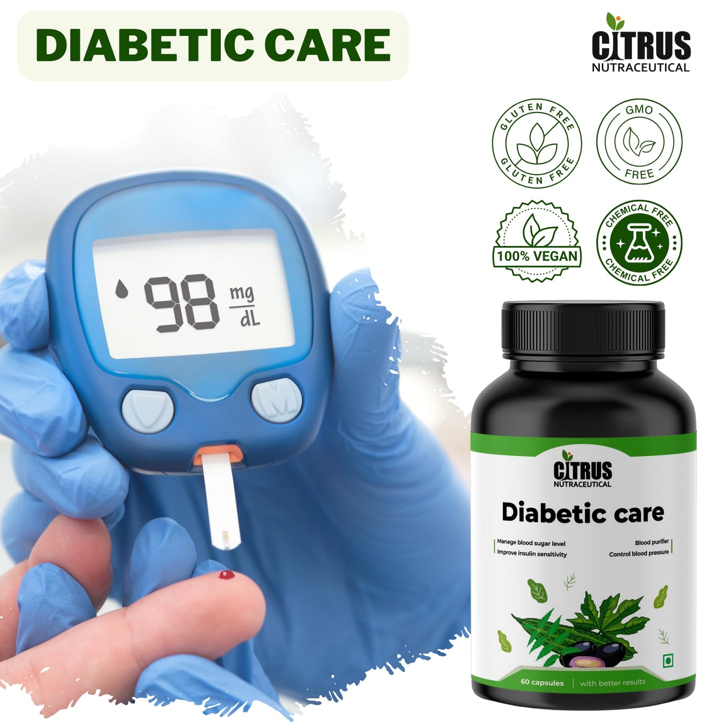 CITRUS NUTRACEUTICAL Diabetic Care Capsule With Karela Jamun Neem and Fenugreek for Manage blood sugar level and metabolism - 60 Capsules