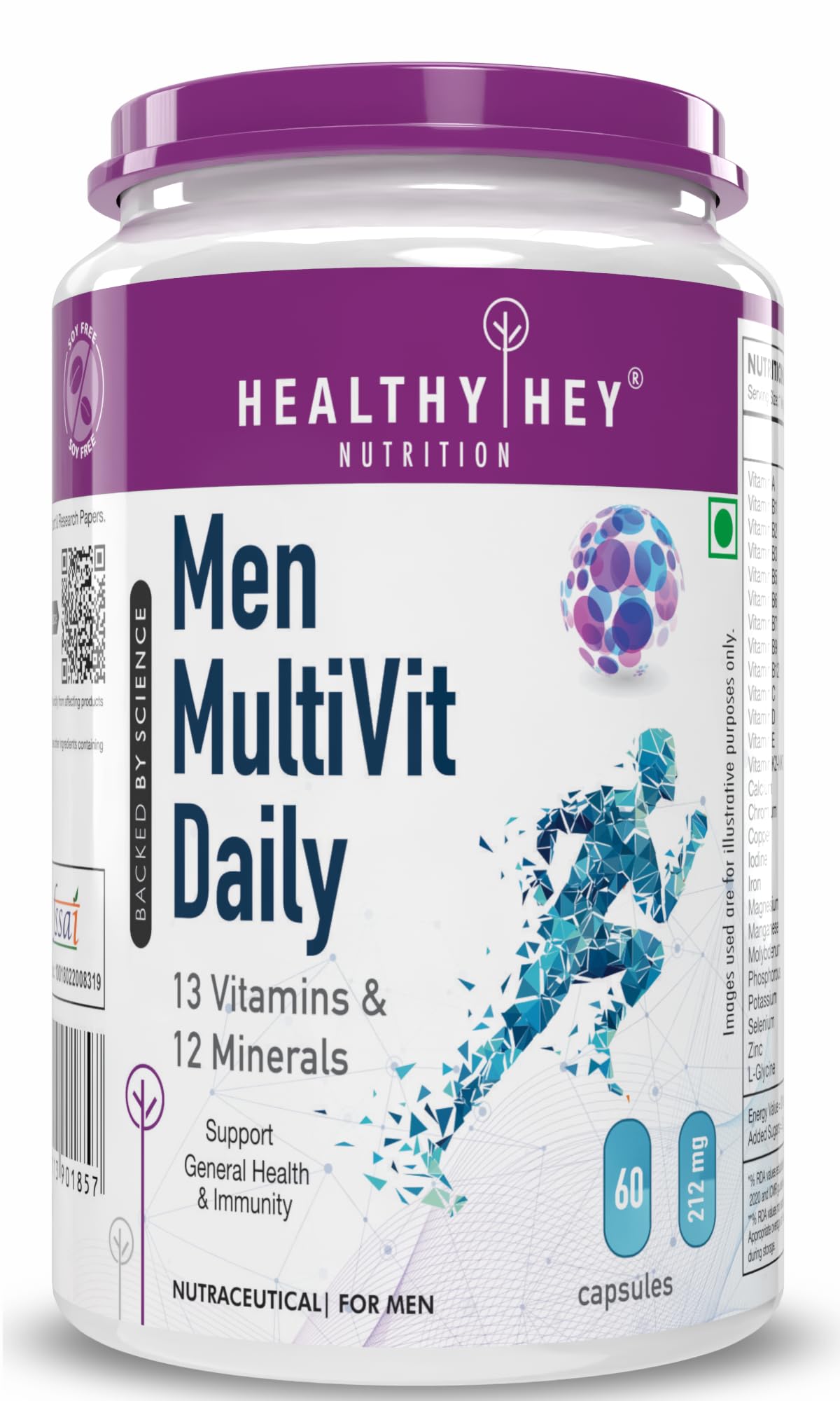 HealthyHey Nutrition MultiVitamin for Men - Multi-Vit Daily - 13 Vitamins & 10 Minerals - 60 Vegetable Capsules