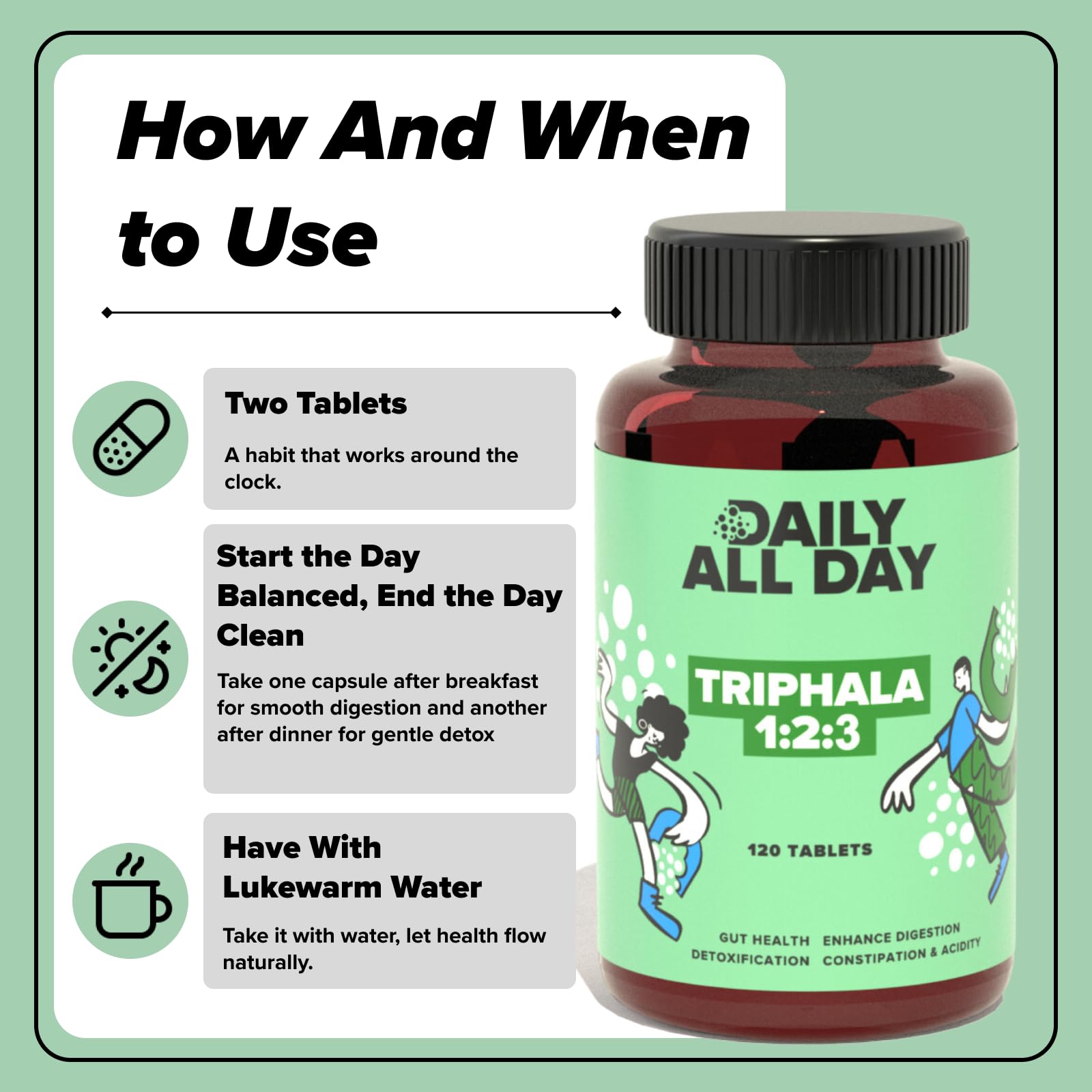 Daily All Day Triphala 1 2 3 Ratio Tablets 120 for Constipation, Acidit- image 3
