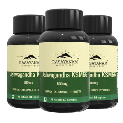 Rasayanam Ashwagandha Ksm-66 (500 Mg) Pack Of 3 Extra Strength Natural Formulation Support Strength & Energy Withania Somnifera Extract, capsule