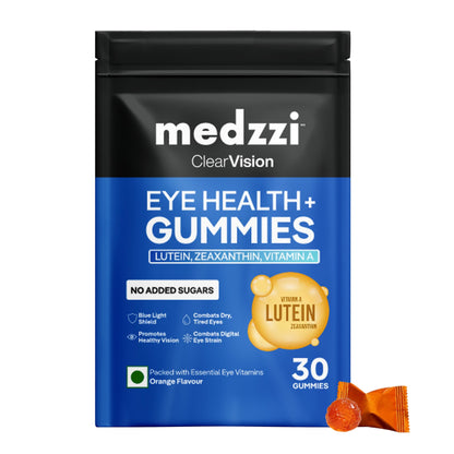 Medzzi Clear Vision Eye Health+ Gummies | Lutein & Zeaxanthin Gummies for Eyes | With Bilberry, Lycopene & Vitamins A, C, E | Reduces Digital Strain and Fatigue from High Screen Time | Orange Flavour | 30 Veg Gummies