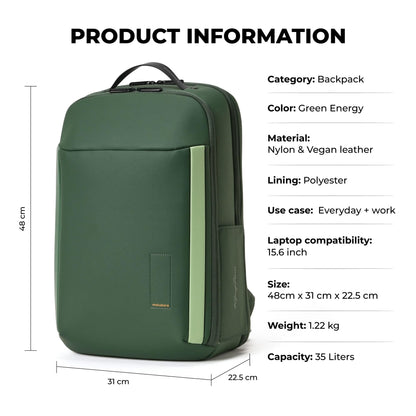 MOKOBARA The Autopilot Backpack Fits 15.6 Inch Laptop, 35L Capacity Premium Durable Nylon and Vegan Leather Green Unisex Multipurpose Laptop Backpack | Ideal for Office, Travel, School (Green Energy)