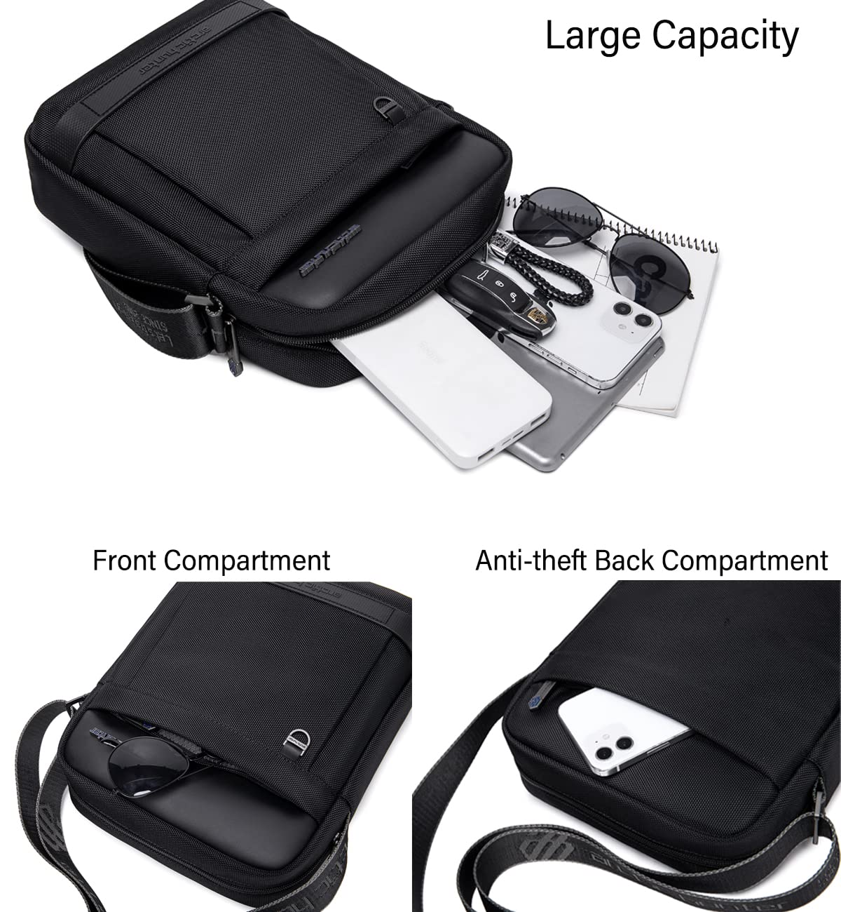 Arctic Hunter Sling Bag for Men Large Side Bag for 10.9" iPad 1680D Premium Polyester Messenger Bag Water-resistant Multi-pocket One Shoulder Crossbody Bag for Travel Office Business College,Black