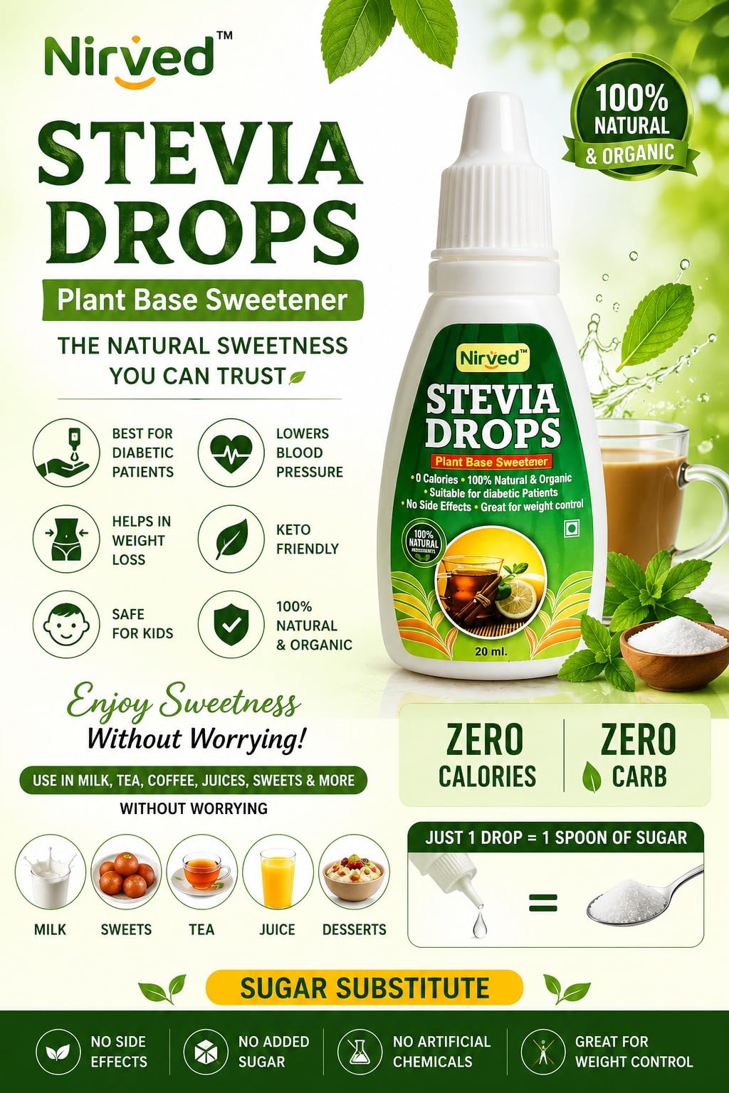 Nirved Stevia Drops – Natural Sugar Free Liquid Sweetener for Diabetics | Zero Calorie Sugar Substitute | Keto & Weight Management Friendly