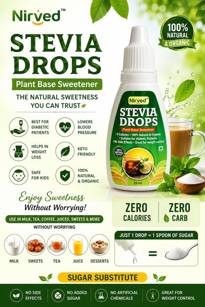 Nirved Stevia Drops – Natural Sugar Free Liquid Sweetener for Diabetics | Zero Calorie Sugar Substitute | Keto & Weight Management Friendly