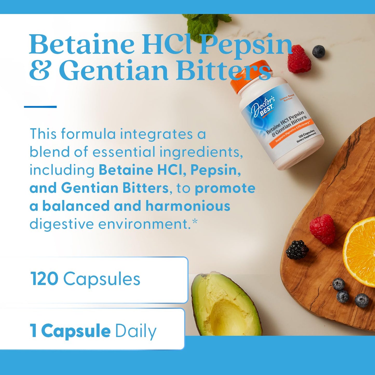 Doctor's Best Betaine Hcl Pepsin & Gentian Bitters (Support Digestive Health) - 120 Caps, 100 grams