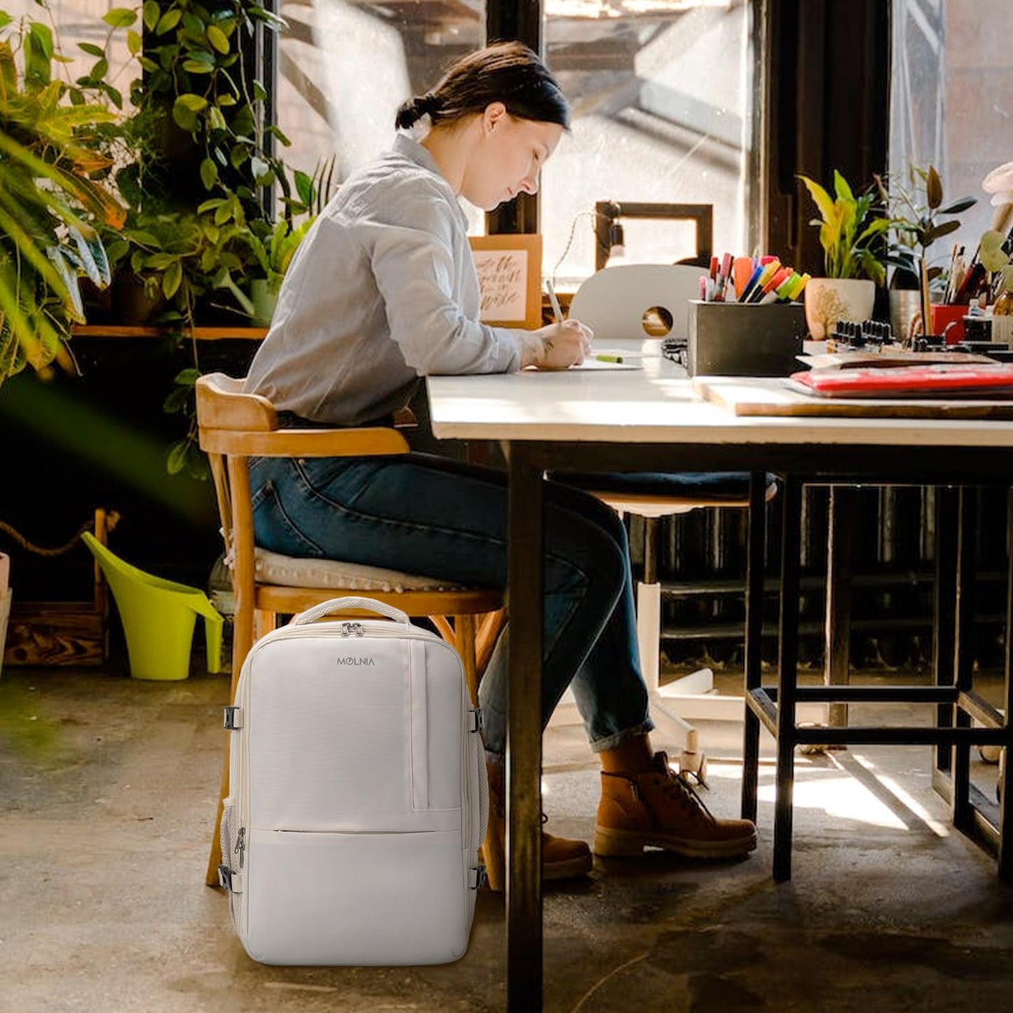 Evmyo 47L Travel Backpack for Women Men, Carry On Backpack Flight Approved, 17.3 Inch Laptop Backpack, Large Off White, Large, Travel
