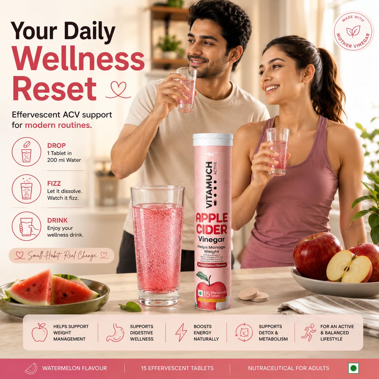 Vitamuch Apple Cider Vinegar Effervescent Tablets with Mother | Watermelon Flavour | ACV Drink Tablets for Daily Wellness | 15 Tablets Pack of 1