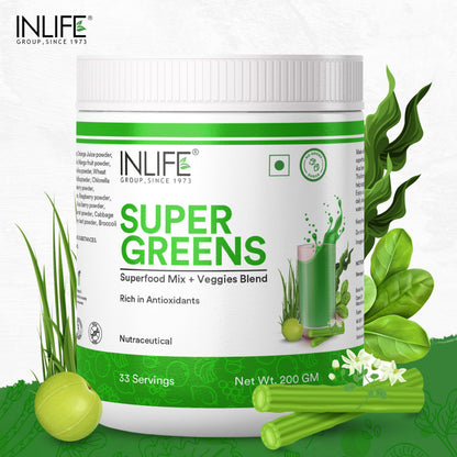 INLIFE Super Greens Powder Supplement | Spirulina, Moringa, Chlorella, Alfalfa, Wheat Grass, Barley Grass Blend | 200g