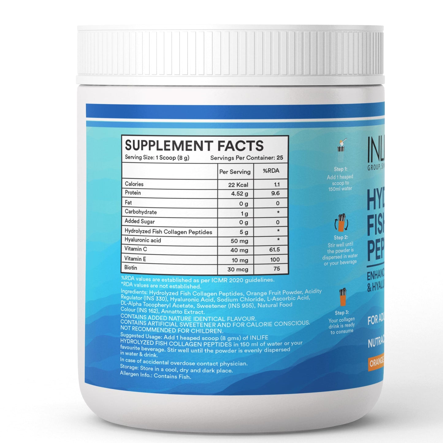 INLIFE Marine Collagen Powder, Hydrolyzed Peptides, Hyaluronic Acid Vitamin C E Biotin, Skin Hair & Joint Health, Men Women, Orange 200g