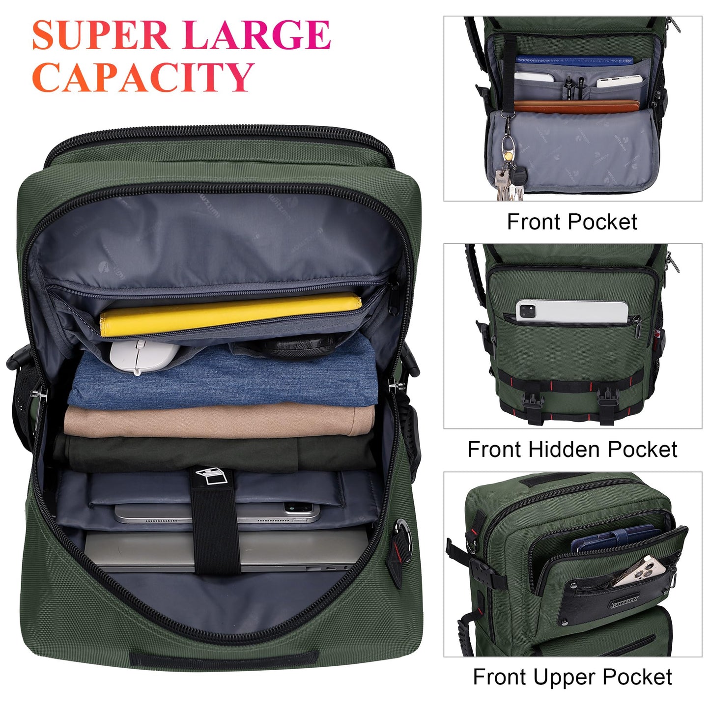WITZMAN Carry On Travel Backpack for Men Fit 17 Inch Laptop Airline Approved 3 in 1 Laptop Backpack(B685 Army Green)