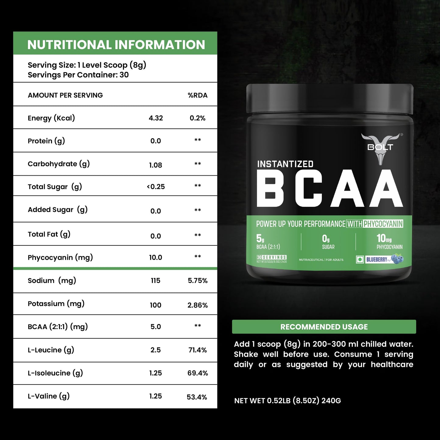 Bolt Bcaa 5000, 30 Servings, Optimal 2:1;1 Ratio For Muscle Recovery Gain & Endurance(Blueberry Blast, 240Gm) - Powder