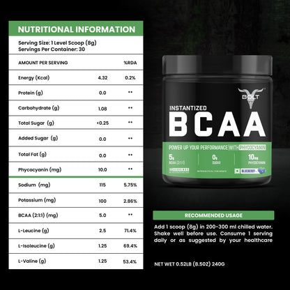 Bolt Bcaa 5000, 30 Servings, Optimal 2:1;1 Ratio For Muscle Recovery Gain & Endurance(Blueberry Blast, 240Gm) - Powder