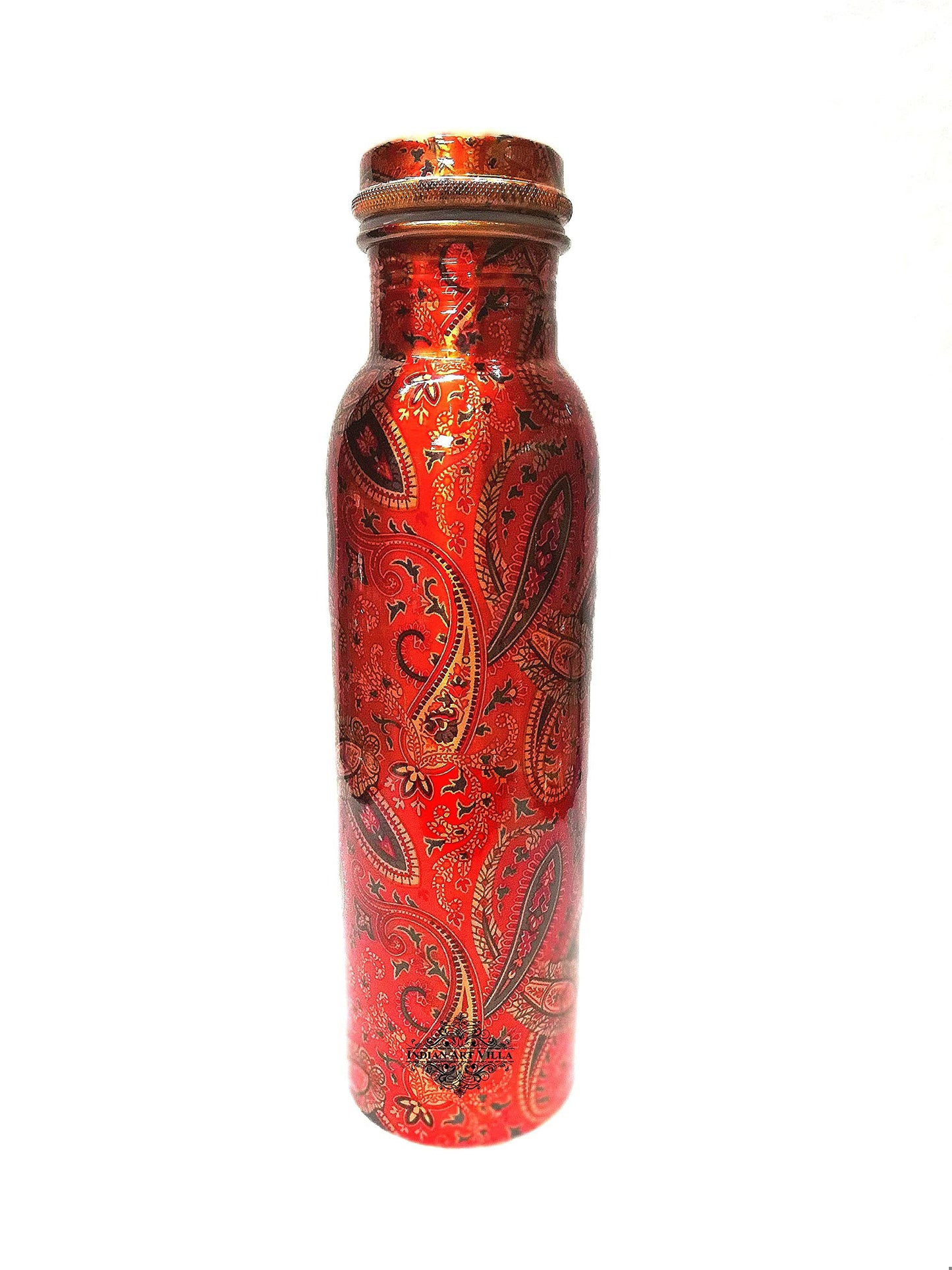 INDIAN ART VILLA Pure Copper Printed Water Bottle With Ruby Paisley Design, Drinkware & Storage Purpose, Ayurvedic Health Benefits, Volume-1 litre, Set of 2