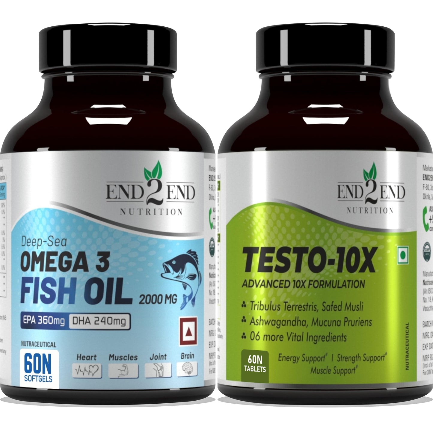 End2End Nutrition Testo 10X Natural Testosterone Booster Supplement and Omega 3 Fish Oil