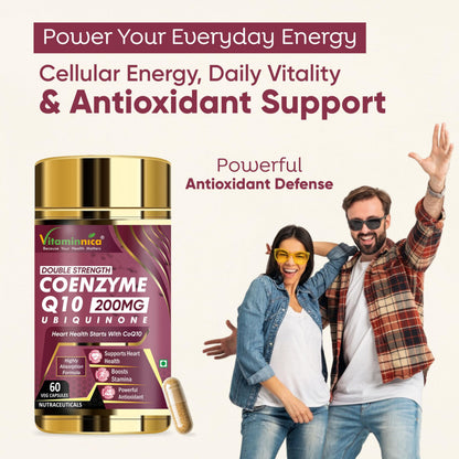 Vitaminnica Coenzyme Q10 200mg Double Strength Ubiquinone | 60 Veg Capsules | Supports Heart Health, Boosts Stamina & Powerful Antioxidant | Highly Absorption Formula