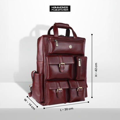 HAMMONDS FLYCATCHER Genuine Leather Executive Backpack-Premium Brown Laptop Bag 3 Compartments, Trolley Straps, Adjustable Shoulder Straps-Perfect For Professionals & Students, 35 Liters