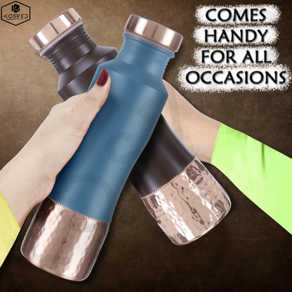 KOSVED Pure Copper Jasmine Dual Colour Tone Water Bottle: 100% Copper, Leak-proof, For Everyday Use, (800ml / 27oz)- Blue