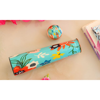 Indian Art Villa Copper Tube Slim Bottle in Turquoise Comic/Cartoonish Floral Print, Volume - 750 ML, Pack of 2