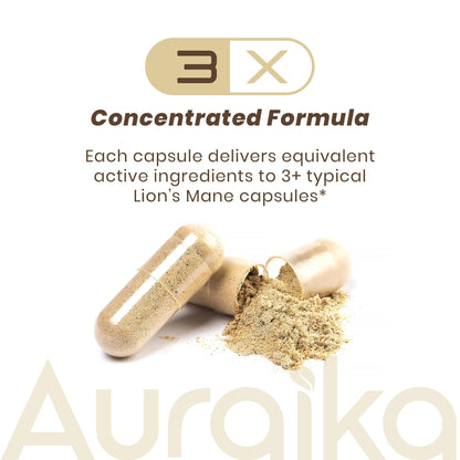 Auraika Lions Mane Mushroom – Supports Brain Health, Focus, Memory & Mental Clarity | 1000mg High Potency | Natural Nootropic Supplement | 60 Vegan Capsules