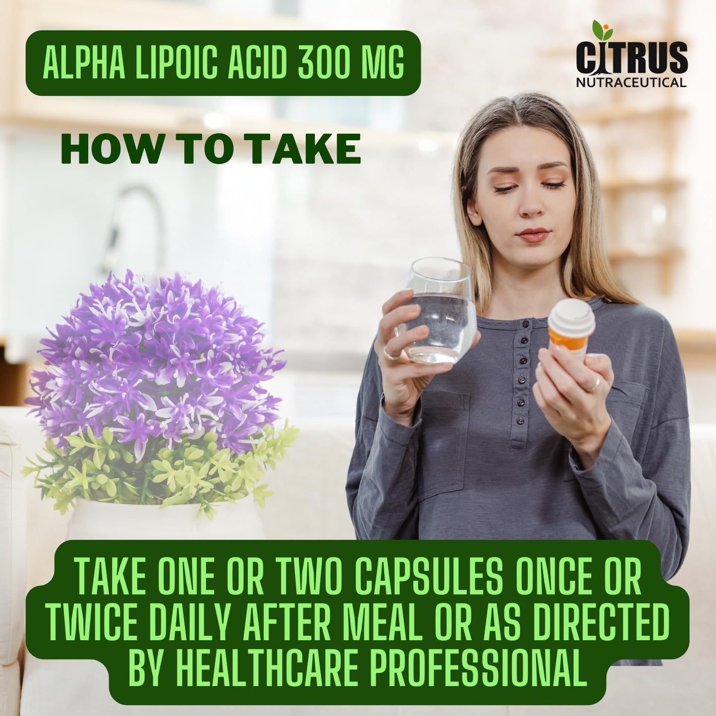 CITRUS NUTRACEUTICAL Alpha Lipoic Acid 300 mg, Glucose metabolism, Support Liver, Skin, Brain, Nervous System Health- 60 Capsules
