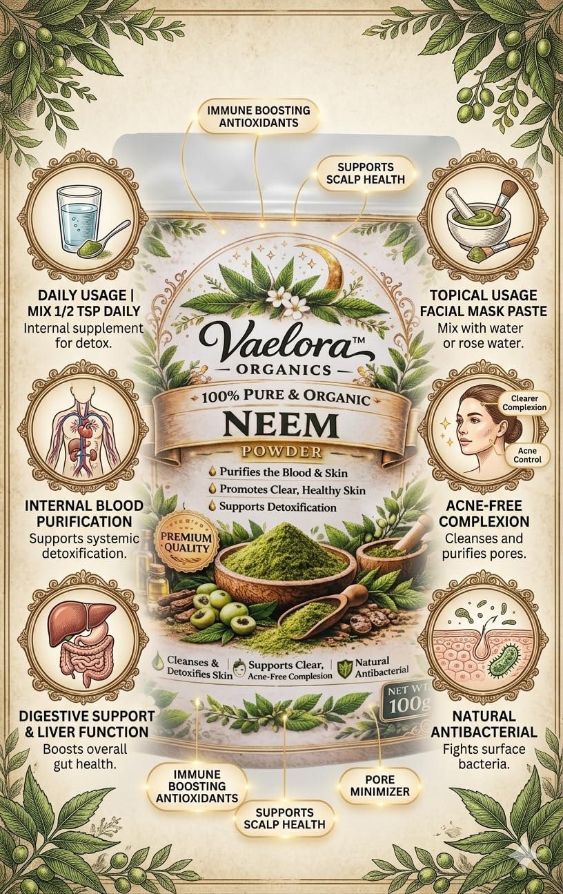 Vaelora Organics Neem Powder 100g | 100% Pure & Organic Neem Leaf Powder | For Skin, Hair & Face Pack | Acne Control, Dandruff Care & Detox | Natural Antibacterial Herbal Powder
